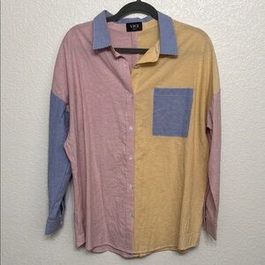 Vici Colorblock Button-Up Shirt in Pink, Yellow, and Blue